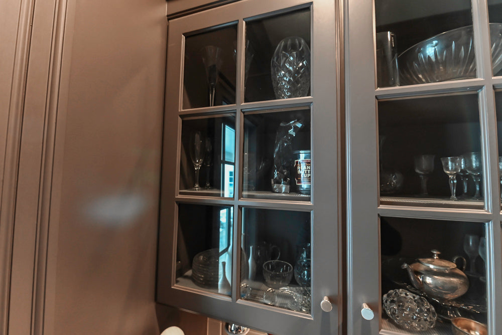 Custom Transitional Dark Grey Butler's Pantry with White Marble Countertops and Sink