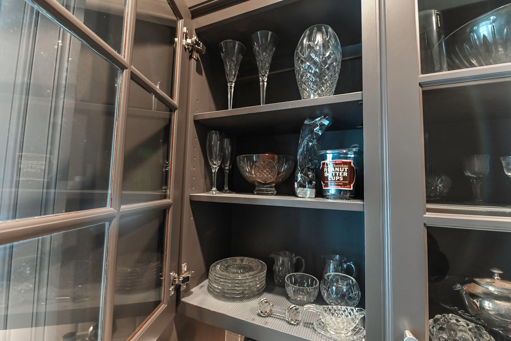 Custom Transitional Dark Grey Butler's Pantry with White Marble Countertops and Sink