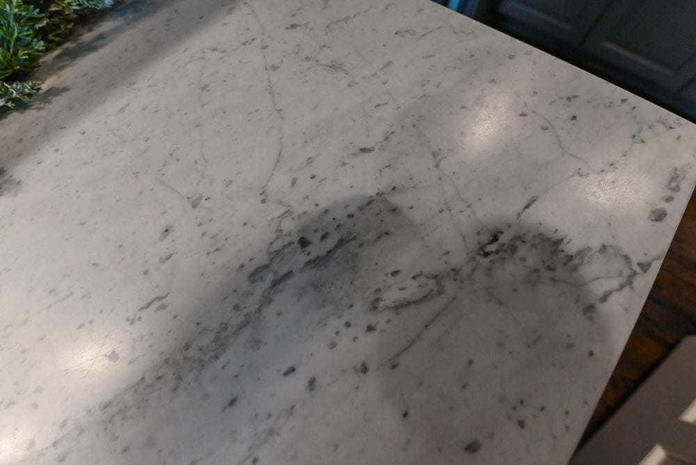 Custom Transitional Dark Grey Butler's Pantry with White Marble Countertops and Sink