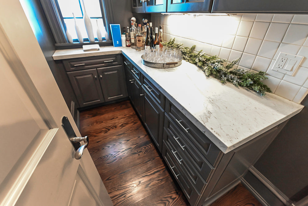 Custom Transitional Dark Grey Butler's Pantry with White Marble Countertops and Sink
