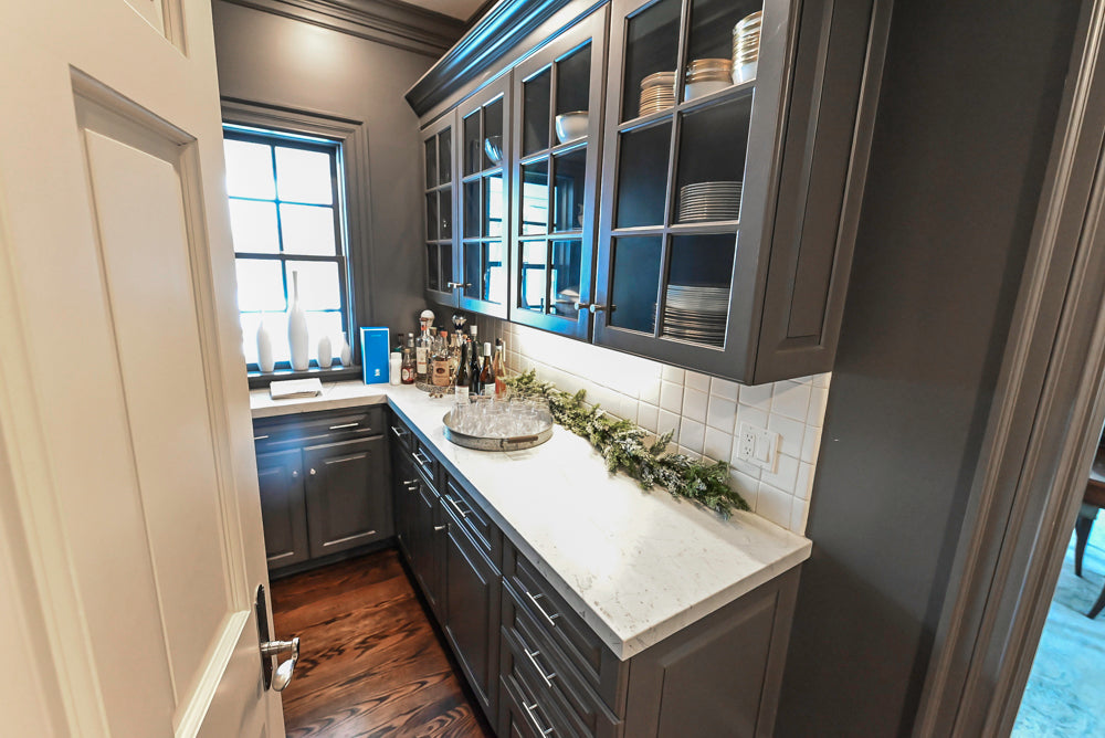 Custom Transitional Dark Grey Butler's Pantry with White Marble Countertops and Sink
