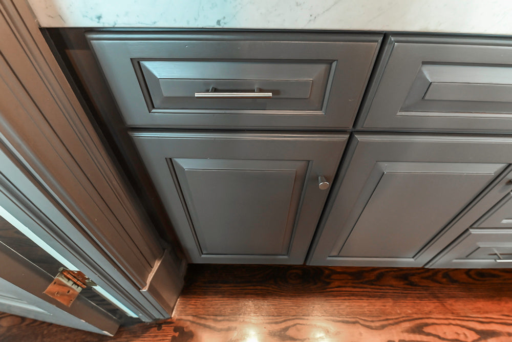 Custom Transitional Dark Grey Butler's Pantry with White Marble Countertops and Sink