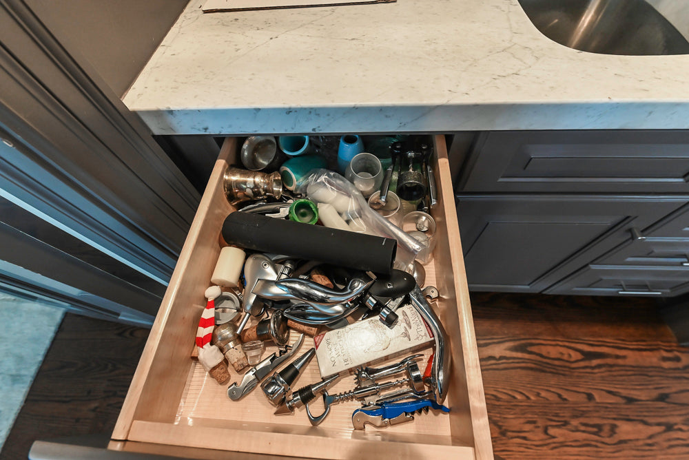 Custom Transitional Dark Grey Butler's Pantry with White Marble Countertops and Sink