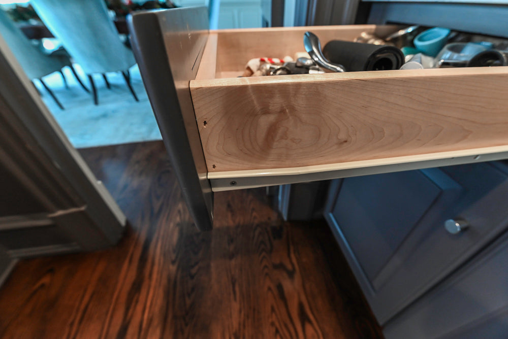 Custom Transitional Dark Grey Butler's Pantry with White Marble Countertops and Sink