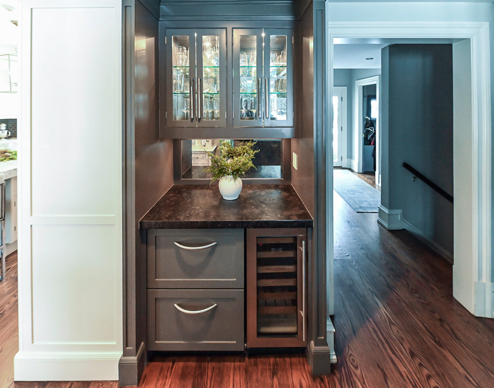 Custom Transitional Dark Grey Dry Bar with Dark Granite Countertops and Sub-Zero Wine Cooler
