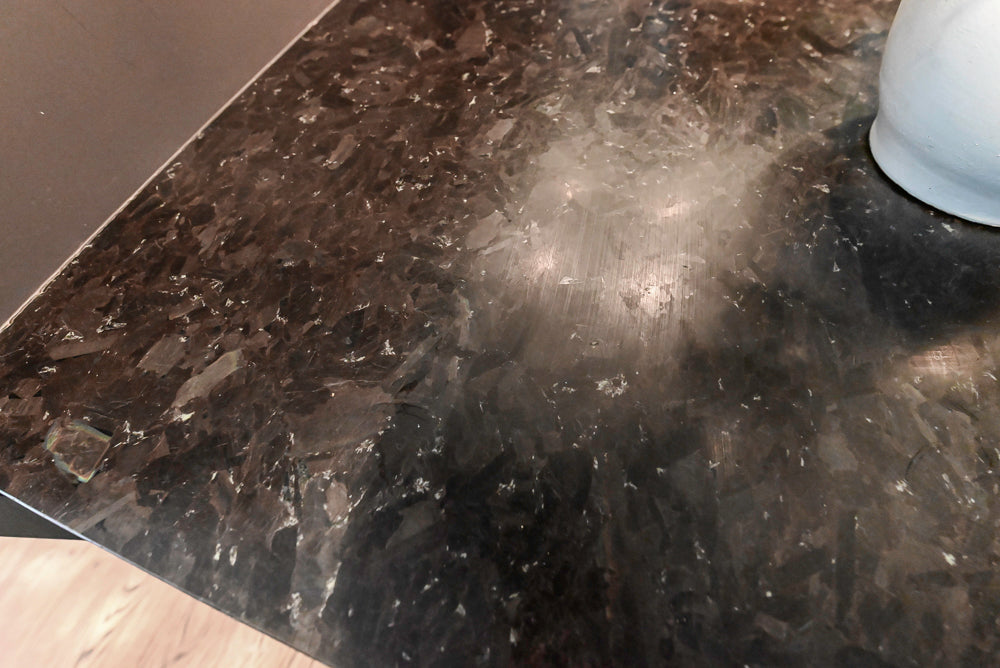 Custom Transitional Dark Grey Dry Bar with Dark Granite Countertops and Sub-Zero Wine Cooler