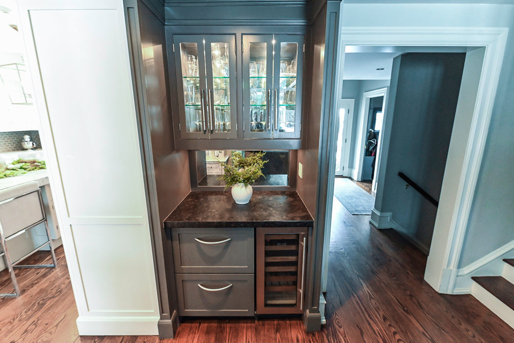 Custom Transitional Dark Grey Dry Bar with Dark Granite Countertops and Sub-Zero Wine Cooler