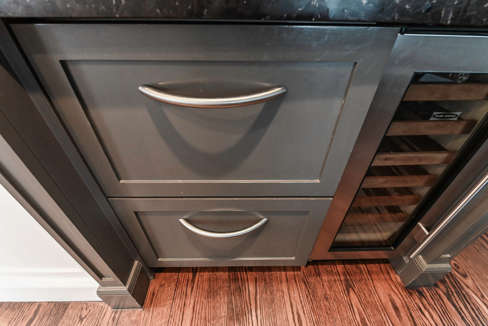 Custom Transitional Dark Grey Dry Bar with Dark Granite Countertops and Sub-Zero Wine Cooler