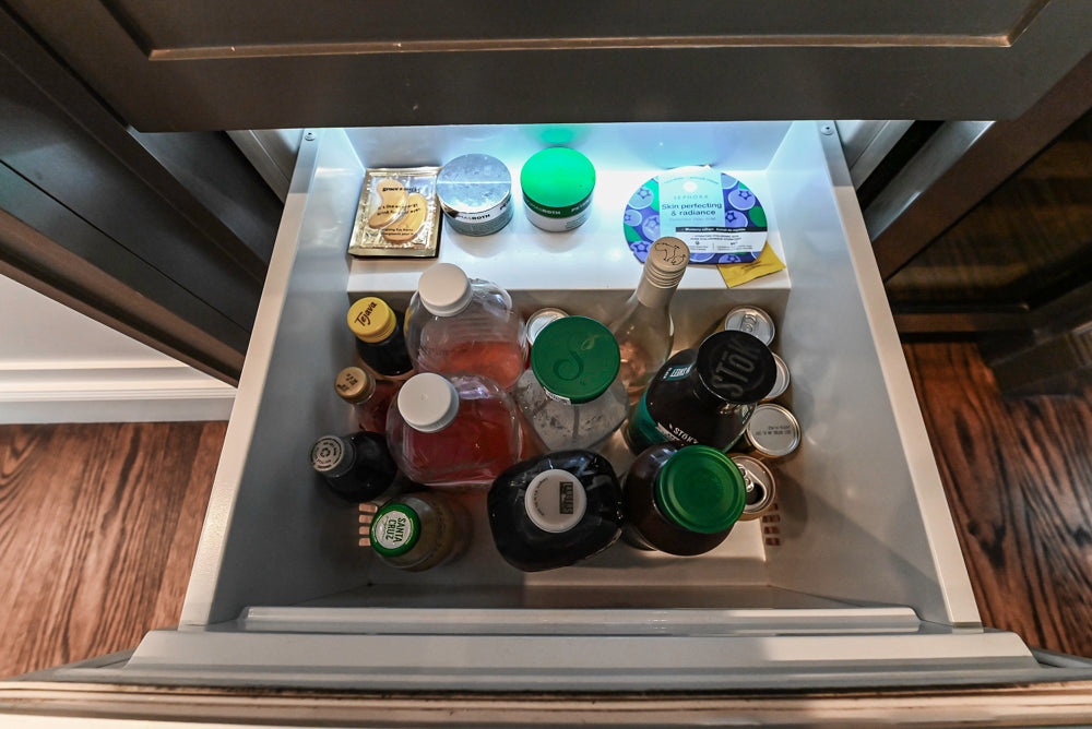 Custom Transitional Dark Grey Dry Bar with Dark Granite Countertops and Sub-Zero Wine Cooler