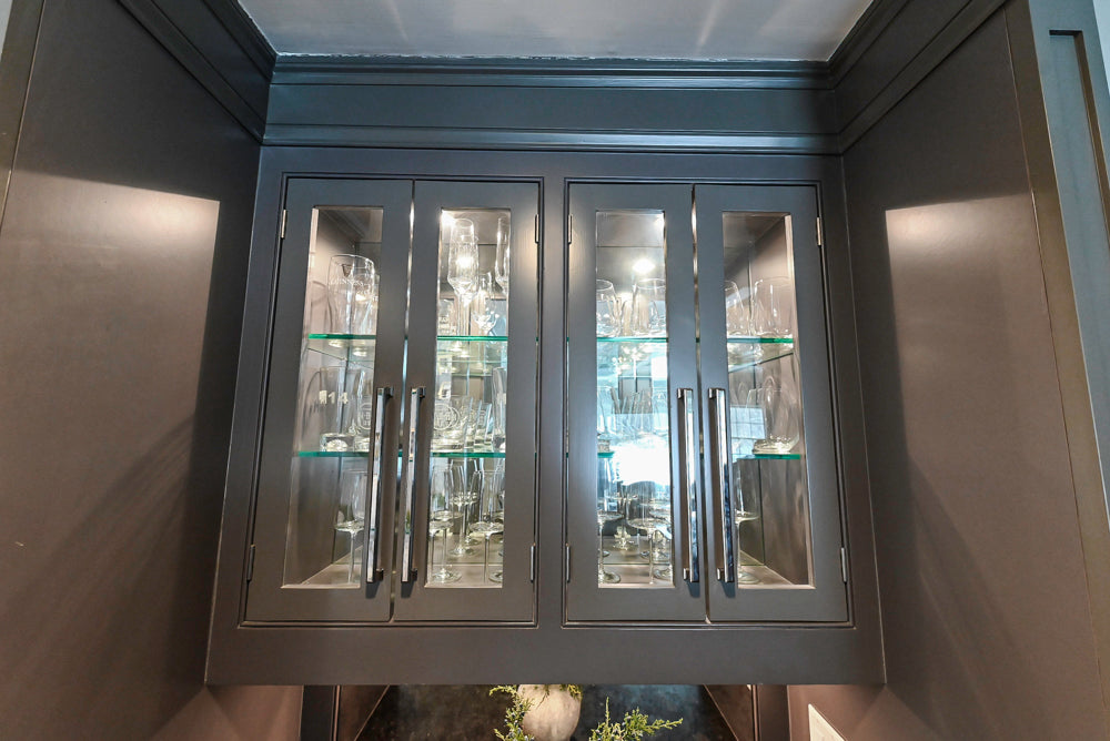 Custom Transitional Dark Grey Dry Bar with Dark Granite Countertops and Sub-Zero Wine Cooler