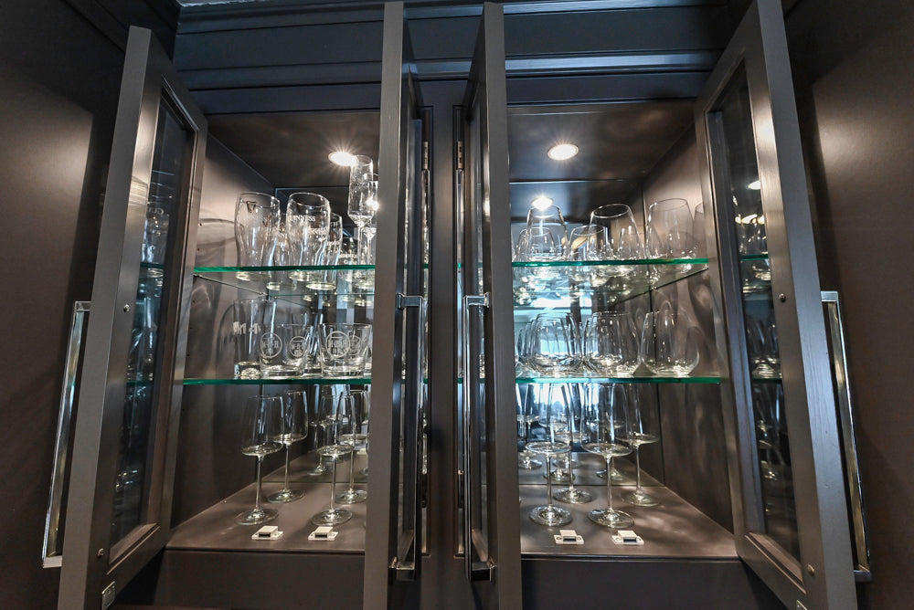 Custom Transitional Dark Grey Dry Bar with Dark Granite Countertops and Sub-Zero Wine Cooler