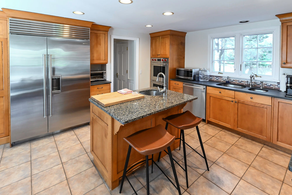 Custom Transitional Wooden Kitchen with Island, Granite Countertops and 48" Sub-Zero Refrigerator