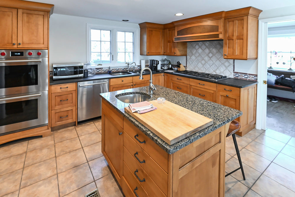 Custom Transitional Wooden Kitchen with Island, Granite Countertops and 48" Sub-Zero Refrigerator