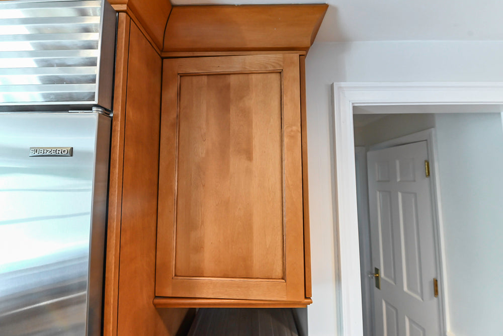 “The Whitford” Transitional Wooden Kitchen with Granite Countertops, Island & 48″ Sub-Zero Refrigerator