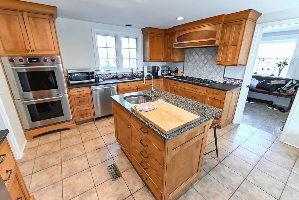 Custom Transitional Wooden Kitchen with Island, Granite Countertops and 48" Sub-Zero Refrigerator