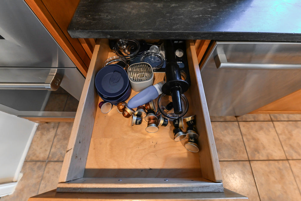 “The Whitford” Transitional Wooden Kitchen with Granite Countertops, Island & 48″ Sub-Zero Refrigerator