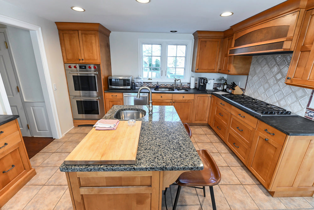 Custom Transitional Wooden Kitchen with Island, Granite Countertops and 48" Sub-Zero Refrigerator