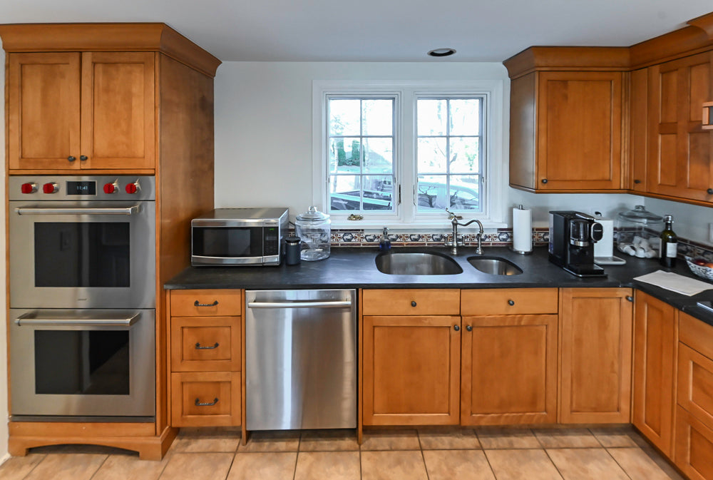 Custom Transitional Wooden Kitchen with Island, Granite Countertops and 48" Sub-Zero Refrigerator
