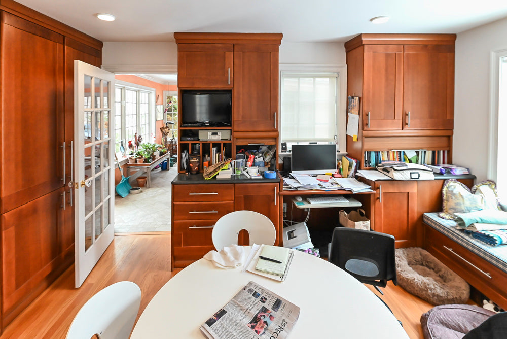 Transitional Wooden Desk Area with Storage Cabinet and Bench Area