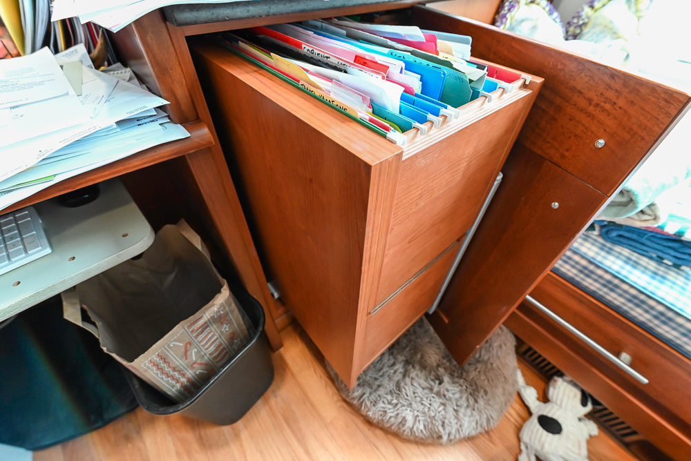 Transitional Wooden Desk Area with Storage Cabinet and Bench Area