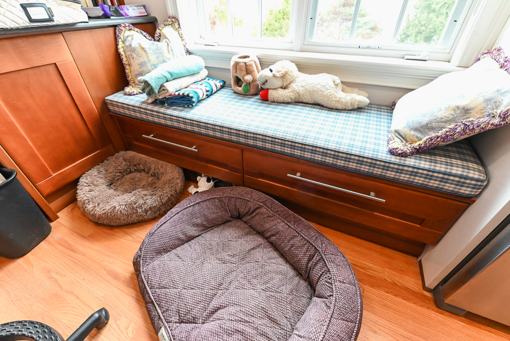 Transitional Wooden Desk Area with Storage Cabinet and Bench Area