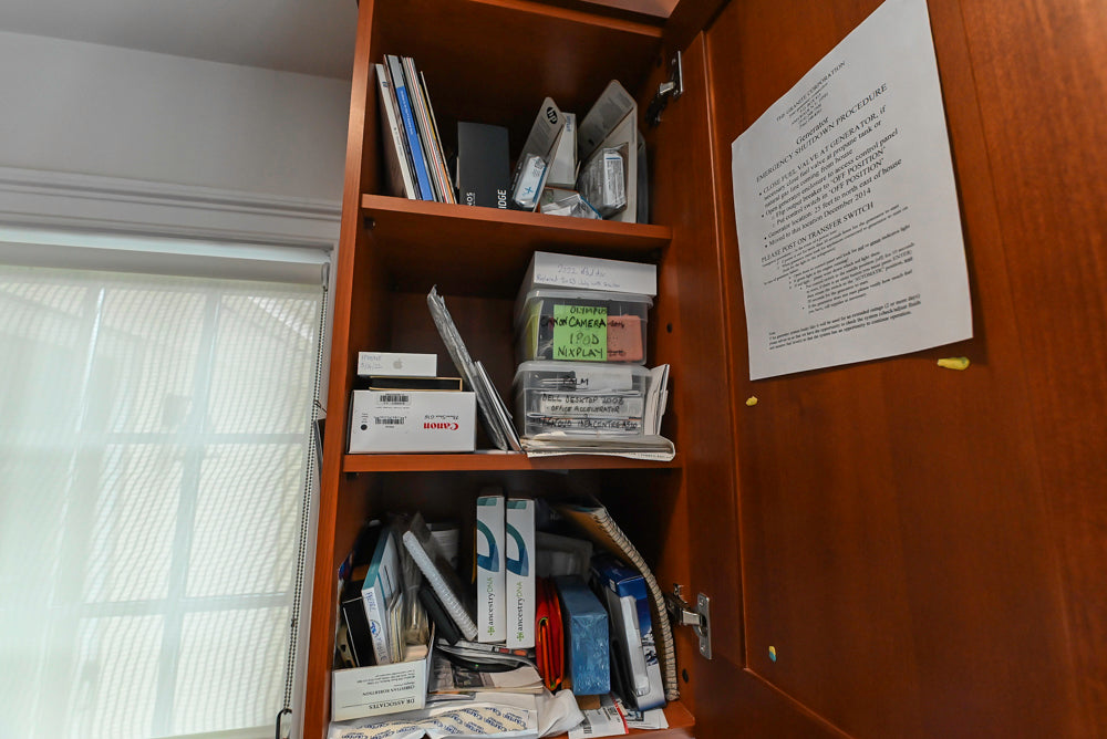 Transitional Wooden Desk Area with Storage Cabinet and Bench Area