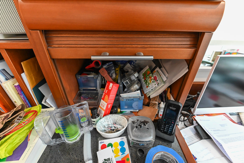 Transitional Wooden Desk Area with Storage Cabinet and Bench Area
