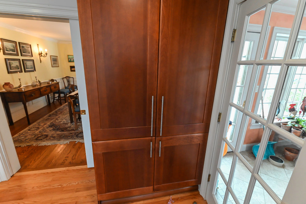 Transitional Wooden Desk Area with Storage Cabinet and Bench Area