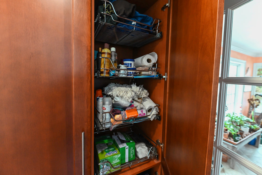 Transitional Wooden Desk Area with Storage Cabinet and Bench Area