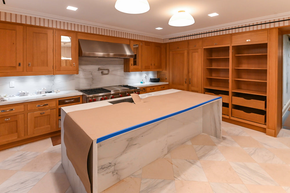 Christopher Peacock Transitional Wooden Pre-Owned Kitchen with Waterfall Island and Marble Countertops