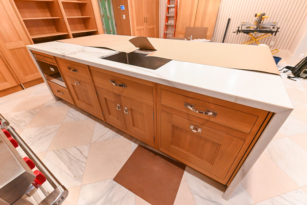 Christopher Peacock Transitional Wooden Pre-Owned Kitchen with Waterfall Island and Marble Countertops