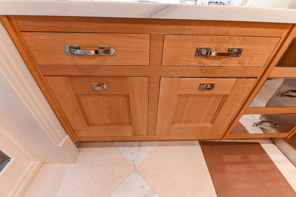Christopher Peacock Transitional Wooden Pre-Owned Kitchen with Waterfall Island and Marble Countertops