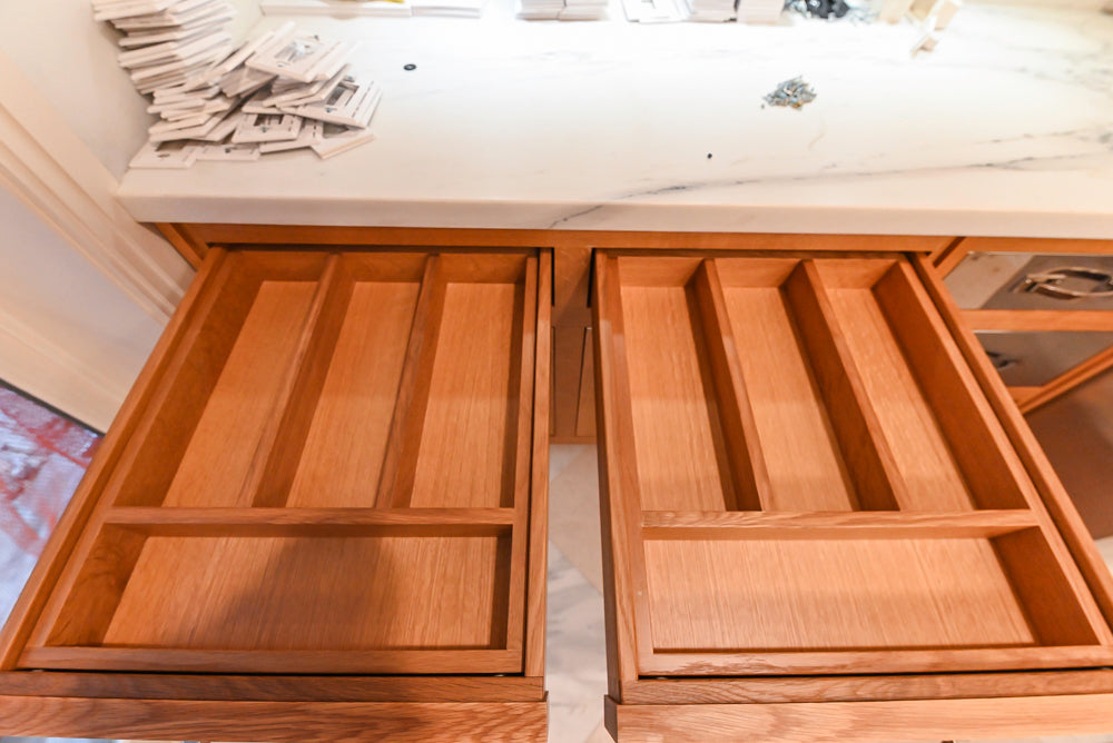Christopher Peacock Transitional Wooden Kitchen with Waterfall Island and Marble Countertops