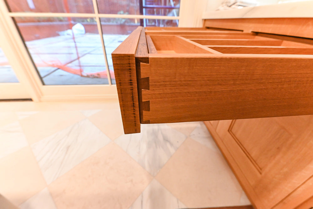 Christopher Peacock Transitional Wooden Kitchen with Waterfall Island and Marble Countertops