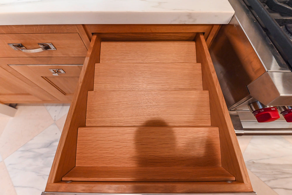 Christopher Peacock Transitional Wooden Kitchen with Waterfall Island and Marble Countertops