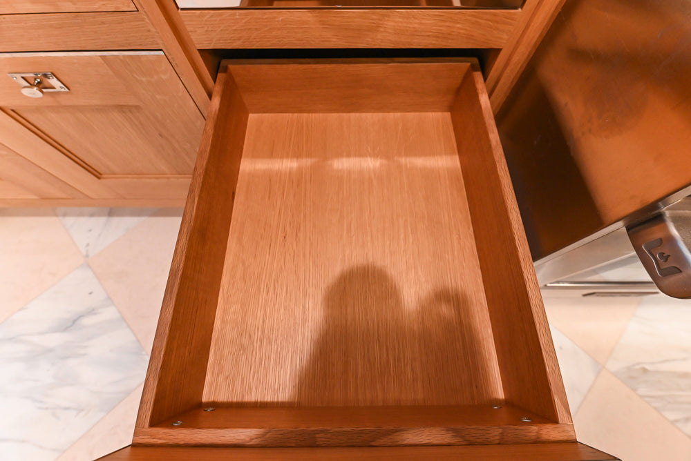 Christopher Peacock Transitional Wooden Kitchen with Waterfall Island and Marble Countertops