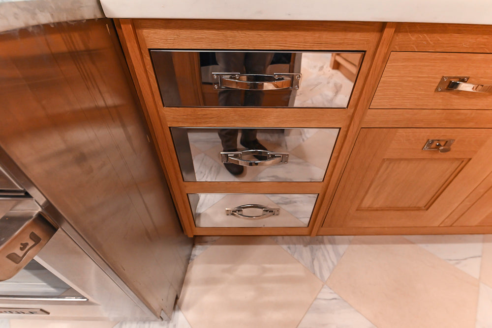 Christopher Peacock Transitional Wooden Kitchen with Waterfall Island and Marble Countertops