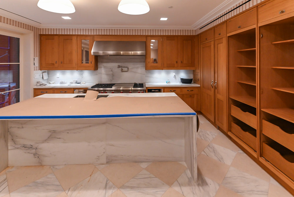 Christopher Peacock Transitional Wooden Pre-Owned Kitchen with Waterfall Island and Marble Countertops