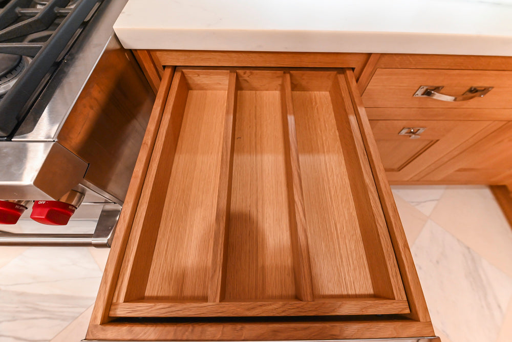 Christopher Peacock Transitional Wooden Kitchen with Waterfall Island and Marble Countertops