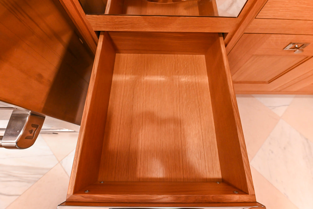 Christopher Peacock Transitional Wooden Kitchen with Waterfall Island and Marble Countertops