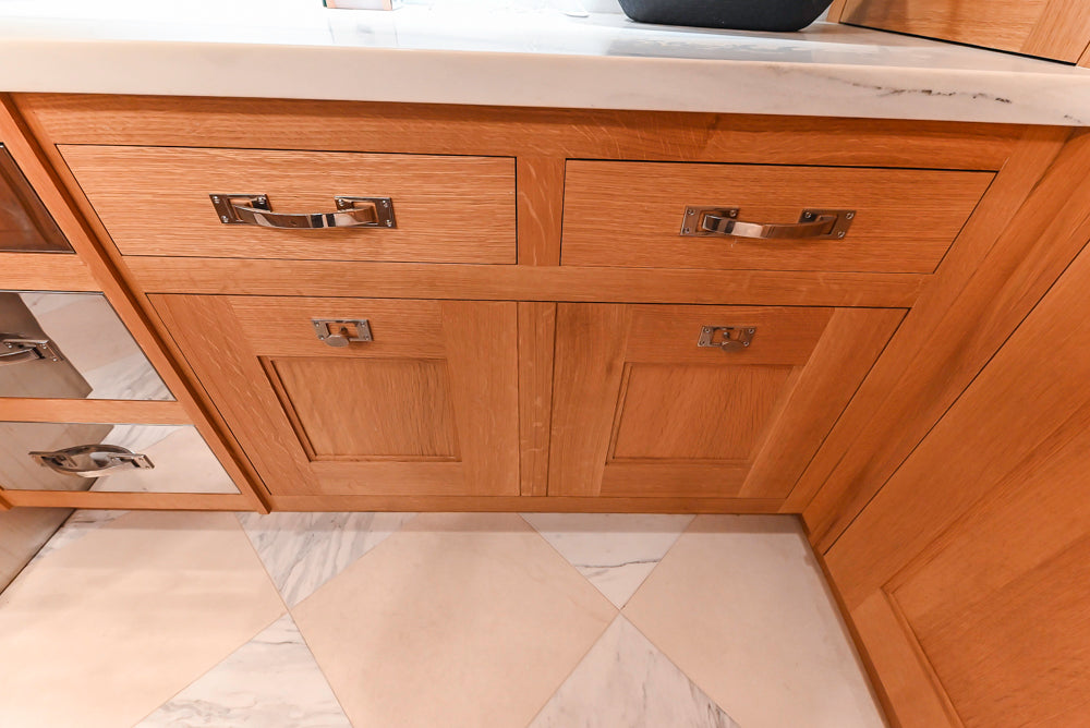 Christopher Peacock Transitional Wooden Kitchen with Waterfall Island and Marble Countertops