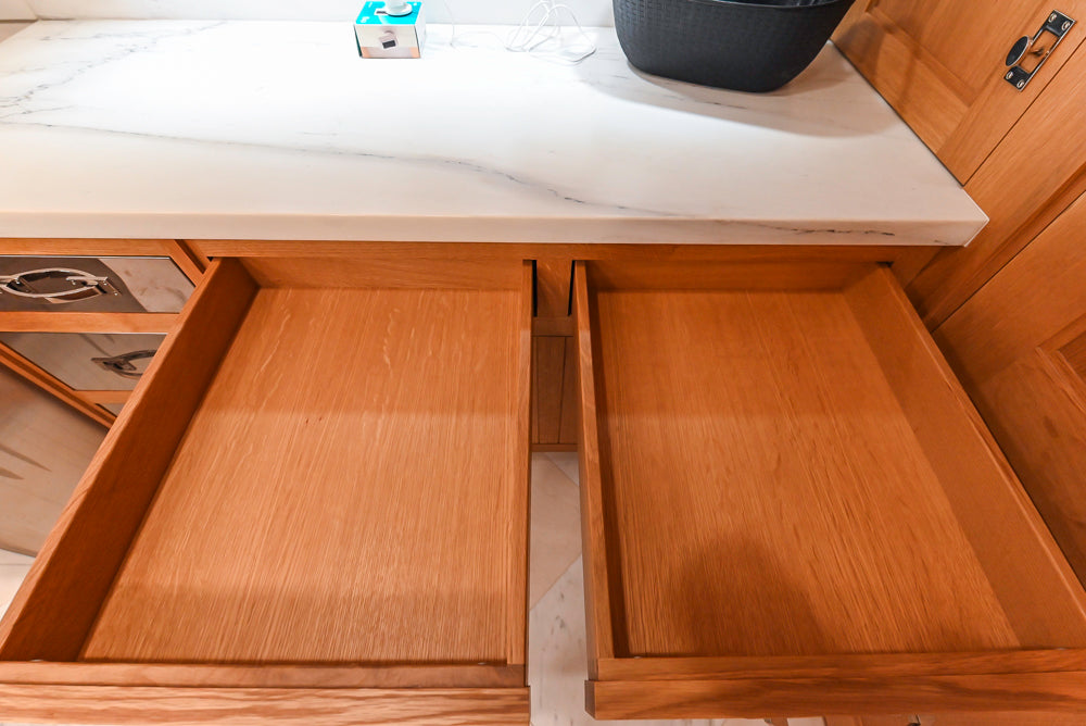 Christopher Peacock Transitional Wooden Kitchen with Waterfall Island and Marble Countertops