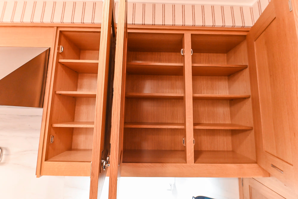 Christopher Peacock Transitional Wooden Kitchen with Waterfall Island and Marble Countertops