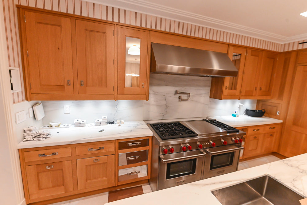 Christopher Peacock Transitional Wooden Pre-Owned Kitchen with Waterfall Island and Marble Countertops