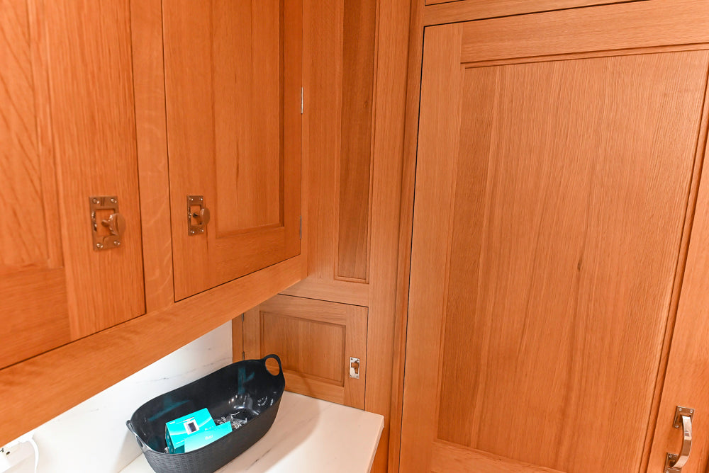 Christopher Peacock Transitional Wooden Kitchen with Waterfall Island and Marble Countertops