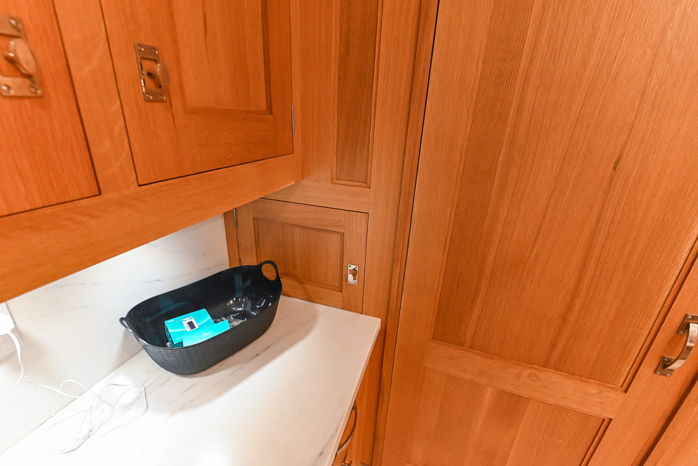 Christopher Peacock Transitional Wooden Kitchen with Waterfall Island and Marble Countertops