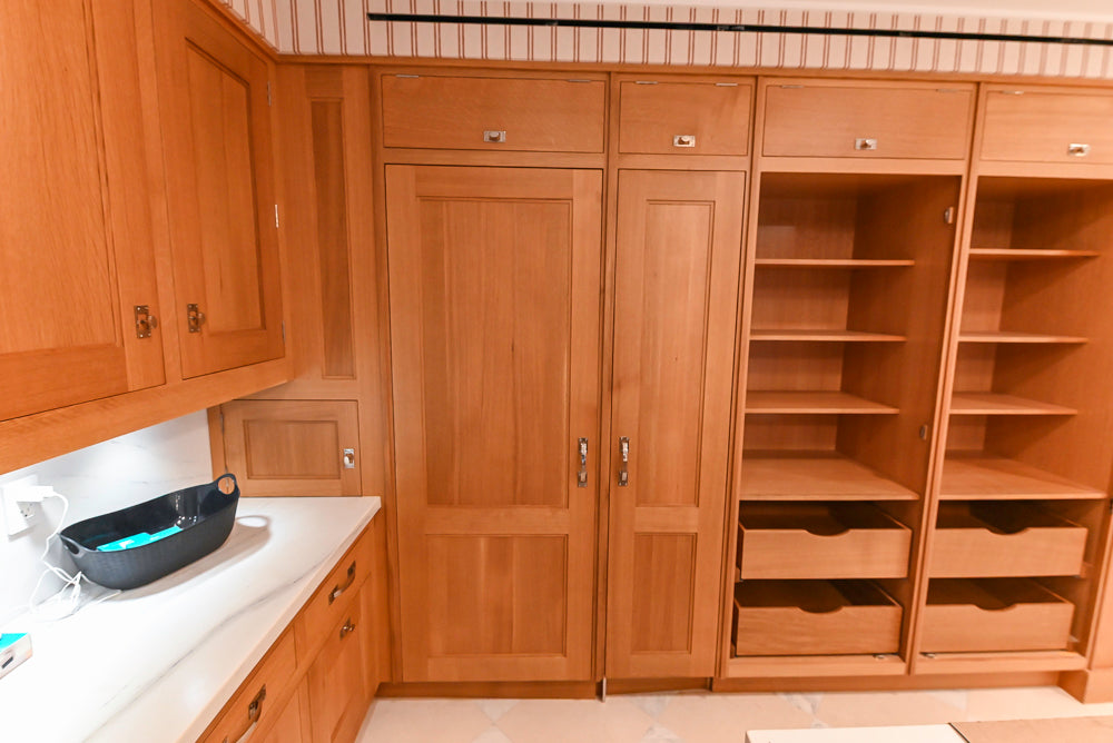 Christopher Peacock Transitional Wooden Kitchen with Waterfall Island and Marble Countertops
