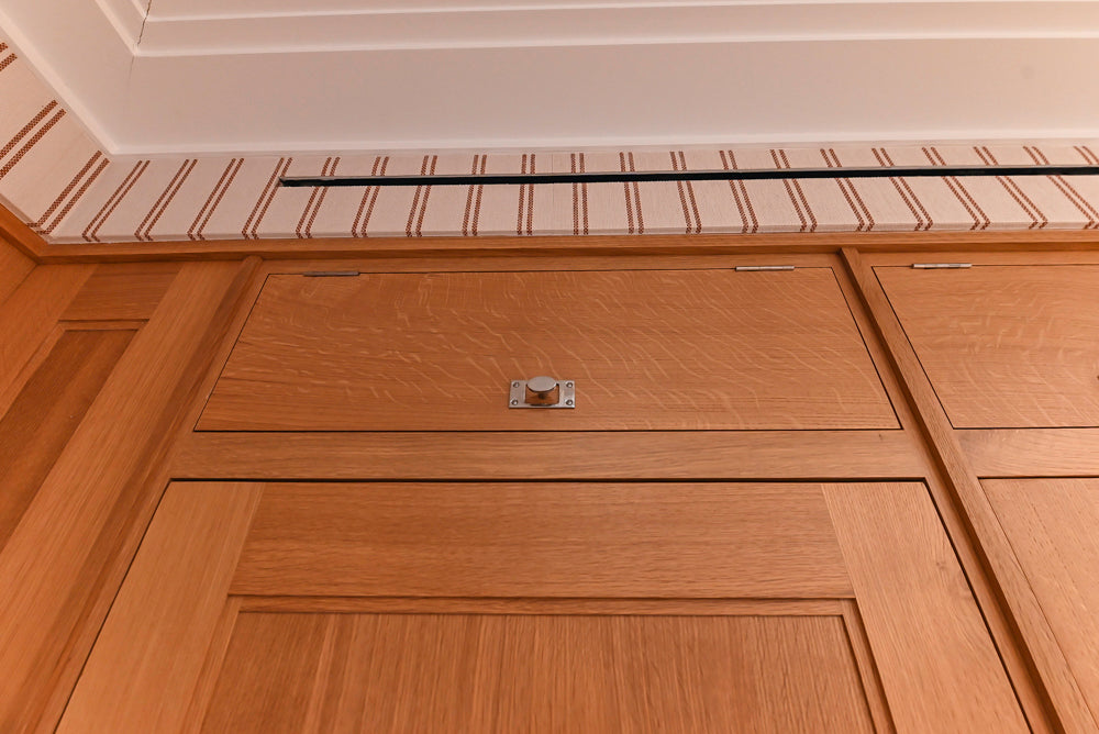 Christopher Peacock Transitional Wooden Kitchen with Waterfall Island and Marble Countertops