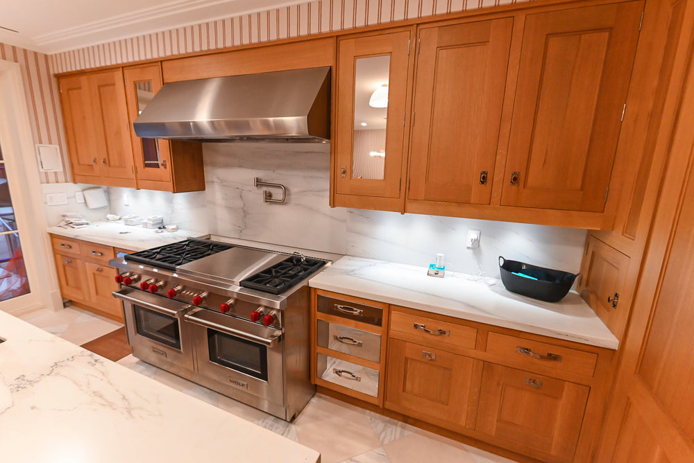 Christopher Peacock Transitional Wooden Pre-Owned Kitchen with Waterfall Island and Marble Countertops