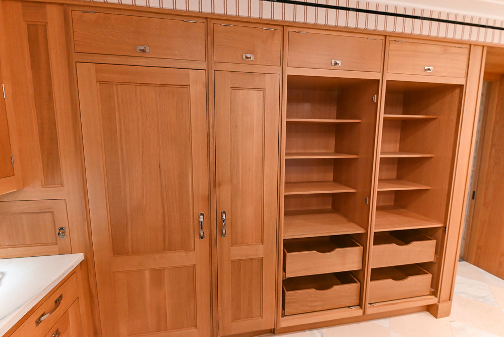 Christopher Peacock Transitional Wooden Kitchen with Waterfall Island and Marble Countertops